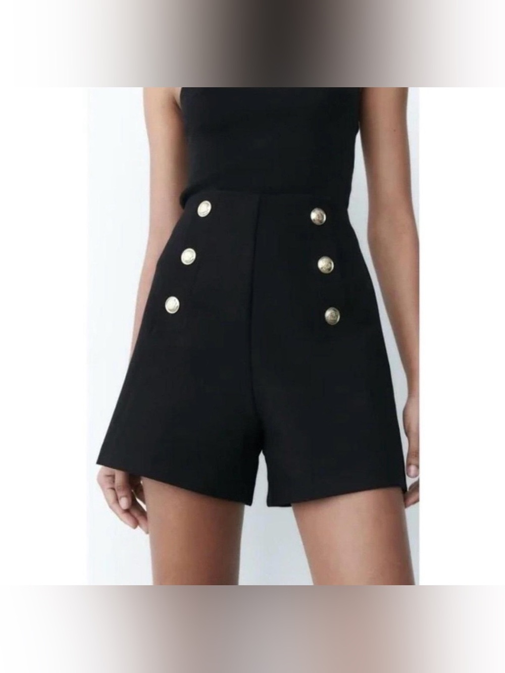 NWT Zara High Waisted Sailor Shorts Gold Buttons Dark Navy Black size M